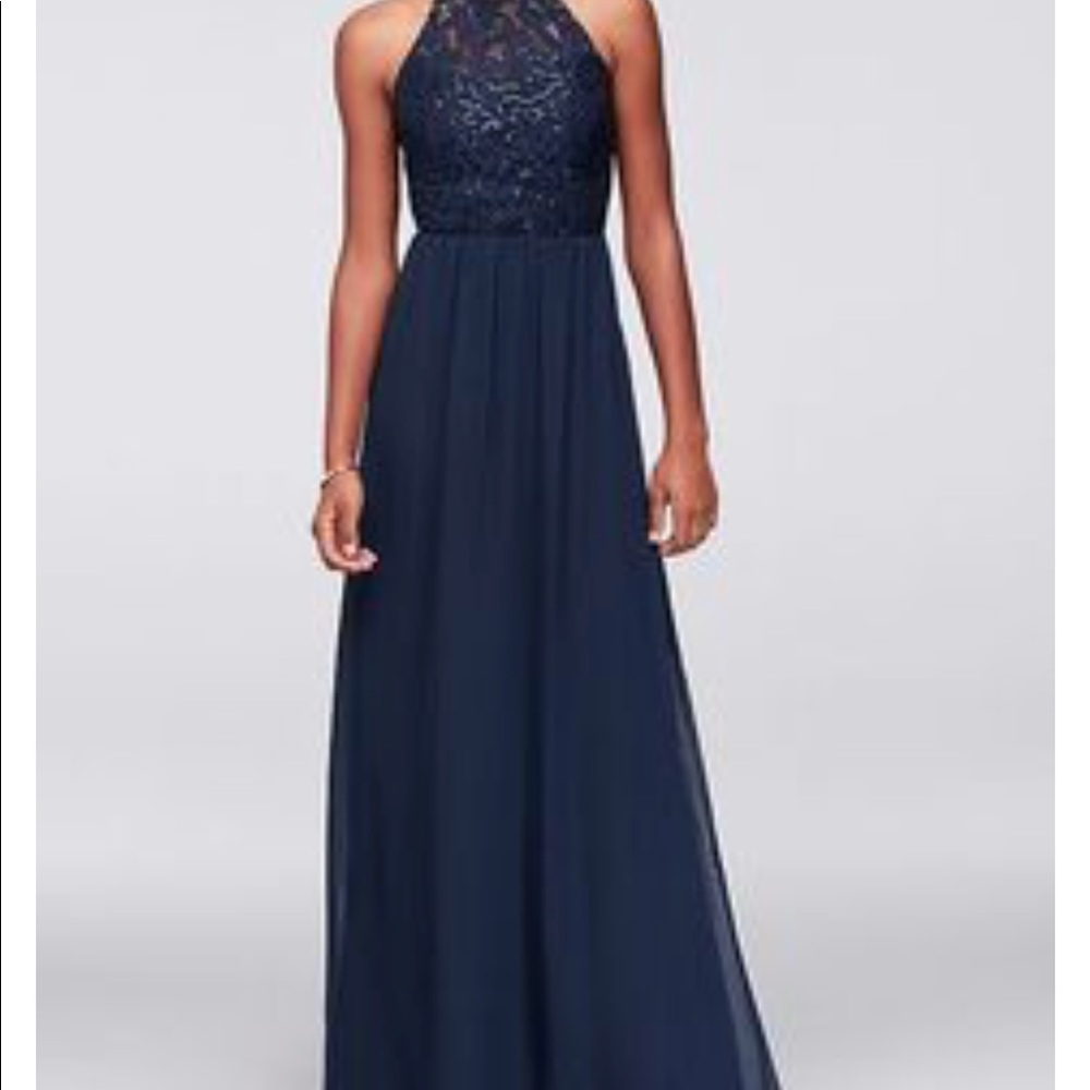 Navy Blue Chiffon High-Neck Gown